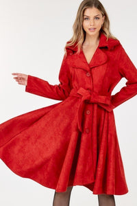 Red Suede Coat | Button Tacking Collar A Line Coat