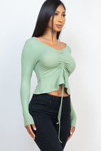 Load image into Gallery viewer, Ribbed Drawstring Front Long Sleeve Peplum Top
