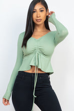 Load image into Gallery viewer, Ribbed Drawstring Front Long Sleeve Peplum Top
