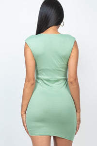 Sleeveless Shoulder Pad Drawstring Ruched Mini Dress