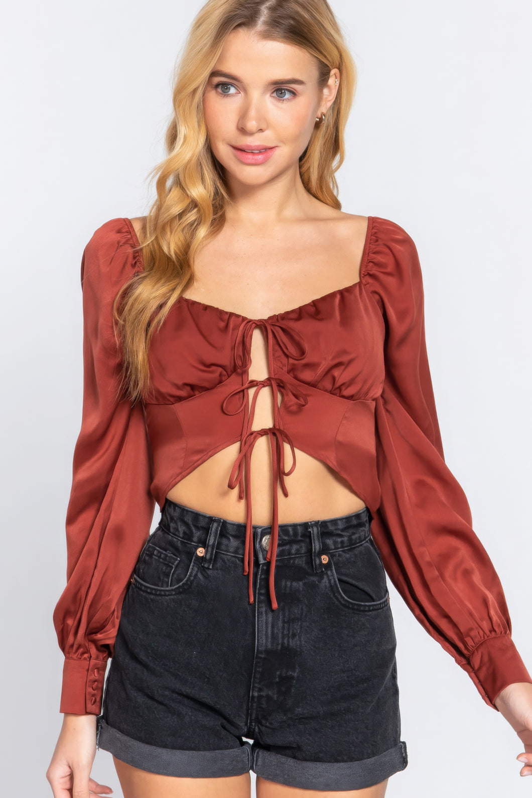 Long Sleeve Front Ribbon Tie Blouse