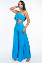 Load image into Gallery viewer, Solid Tie Front Spaghetti Strap Tank Top And Tiered Wide Leg Pants Two Piece Set
