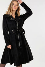 Load image into Gallery viewer, Faux Suede Coat | Black Waist Belt Tacked Faux Suede Coat
