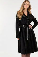 Load image into Gallery viewer, Faux Suede Coat | Black Waist Belt Tacked Faux Suede Coat
