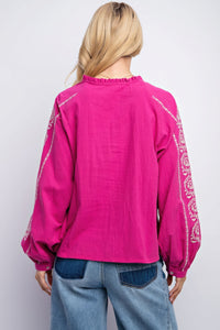 Pink Embroidered Top | Linen Gauze Blouse