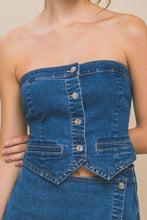 Load image into Gallery viewer, Denim Strapless Button-up Crop Top
