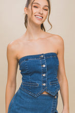 Load image into Gallery viewer, Denim Strapless Button-up Crop Top
