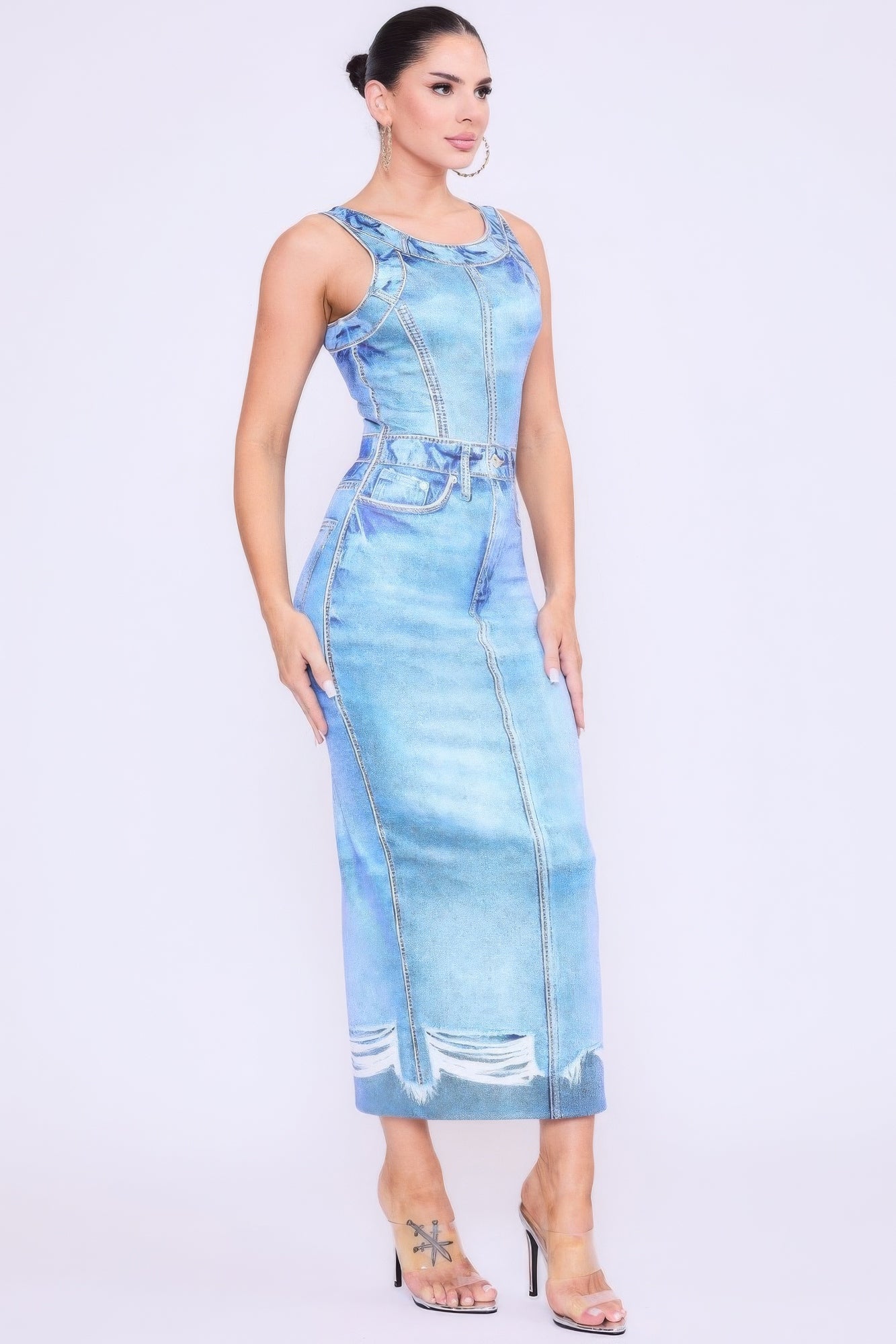 Flattering Fit Denim Print Midi Dress