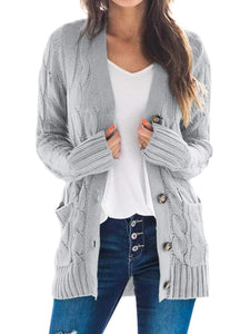 Womens Sweater-Cable-Knit Buttoned Cardigan with Pockets