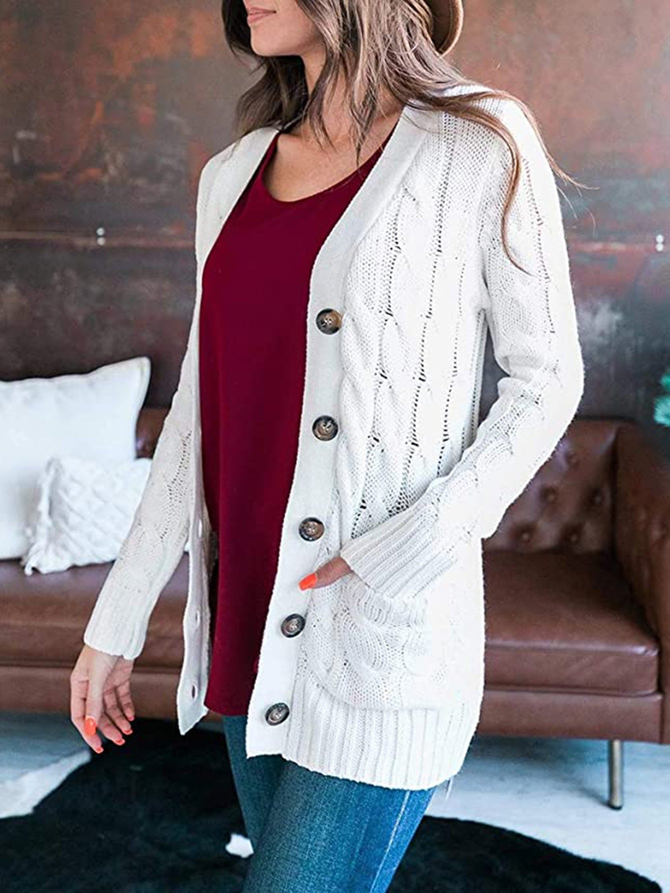 Womens Sweater-Cable-Knit Buttoned Cardigan with Pockets