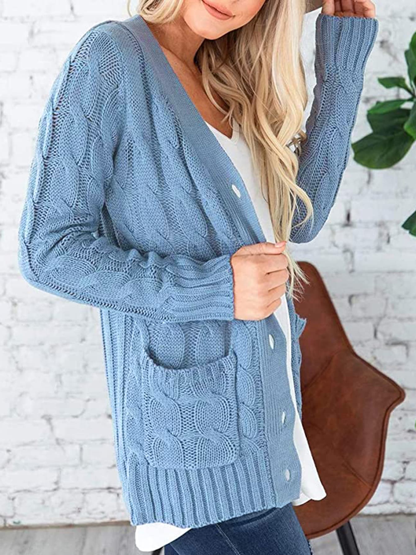 Womens Sweater-Cable-Knit Buttoned Cardigan with Pockets