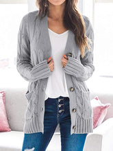 Load image into Gallery viewer, Womens Sweater-Cable-Knit Buttoned Cardigan with Pockets
