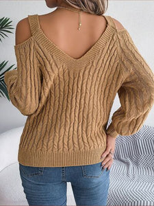 Cable-Knit Cold Shoulder Long Sleeve Sweater | sweater