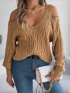 Cable-Knit Cold Shoulder Long Sleeve Sweater | sweater