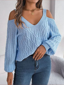 Cable-Knit Cold Shoulder Long Sleeve Sweater | sweater