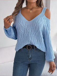 Cable-Knit Cold Shoulder Long Sleeve Sweater | sweater