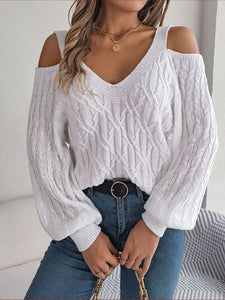 Cable-Knit Cold Shoulder Long Sleeve Sweater | sweater