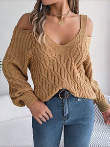 Cable-Knit Cold Shoulder Long Sleeve Sweater | sweater