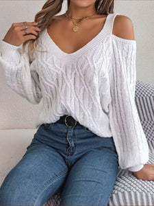 Cable-Knit Cold Shoulder Long Sleeve Sweater | sweater