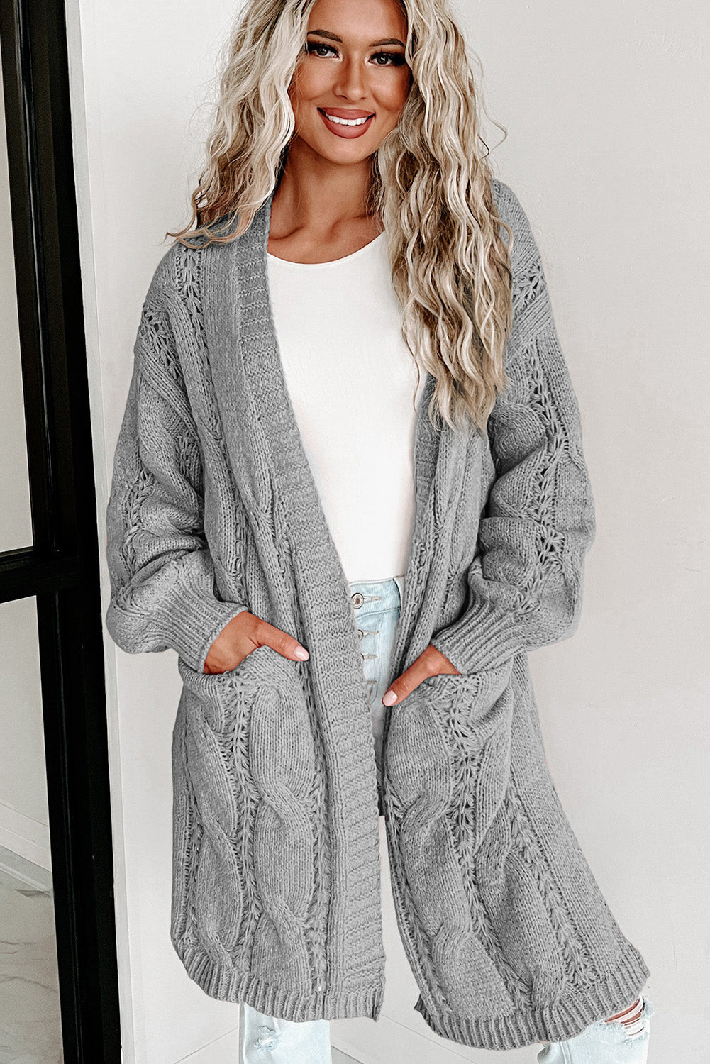 Womens Sweater-Cable-Knit Dropped Shoulder Cardigan | sweater