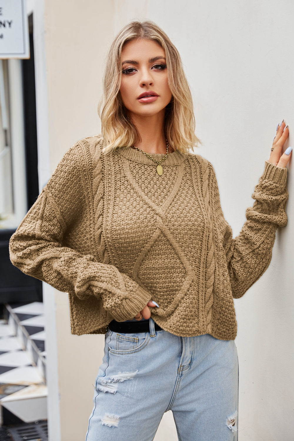 Womens Sweater-Cable-Knit Round Neck Dropped Shoulder Sweater