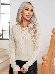 Womens Sweater-Cable-Knit Round Neck Long Sleeve Sweater