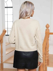 Womens Sweater-Cable-Knit Round Neck Long Sleeve Sweater