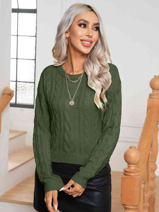 Womens Sweater-Cable-Knit Round Neck Long Sleeve Sweater