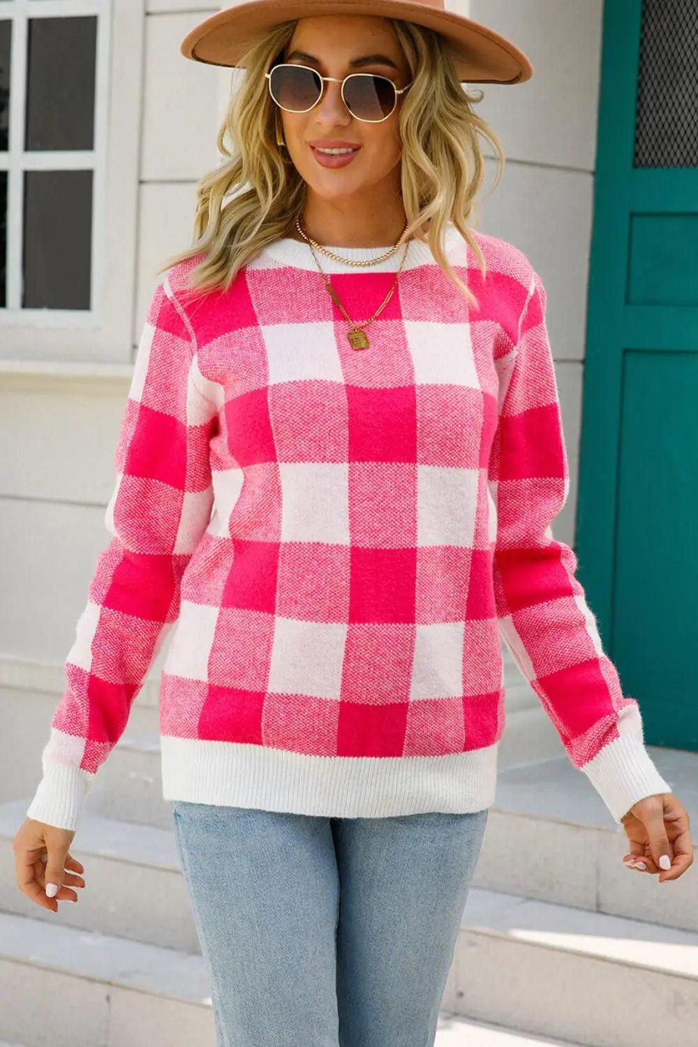 Womens Blouse-Checkered Ribbed Trim Knit Pullover | Coat & Jacket & Cardigan