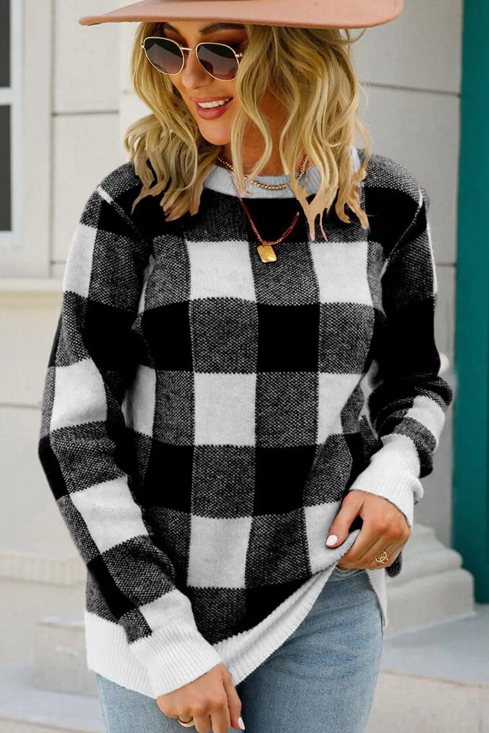 Womens Blouse-Checkered Ribbed Trim Knit Pullover | Coat & Jacket & Cardigan