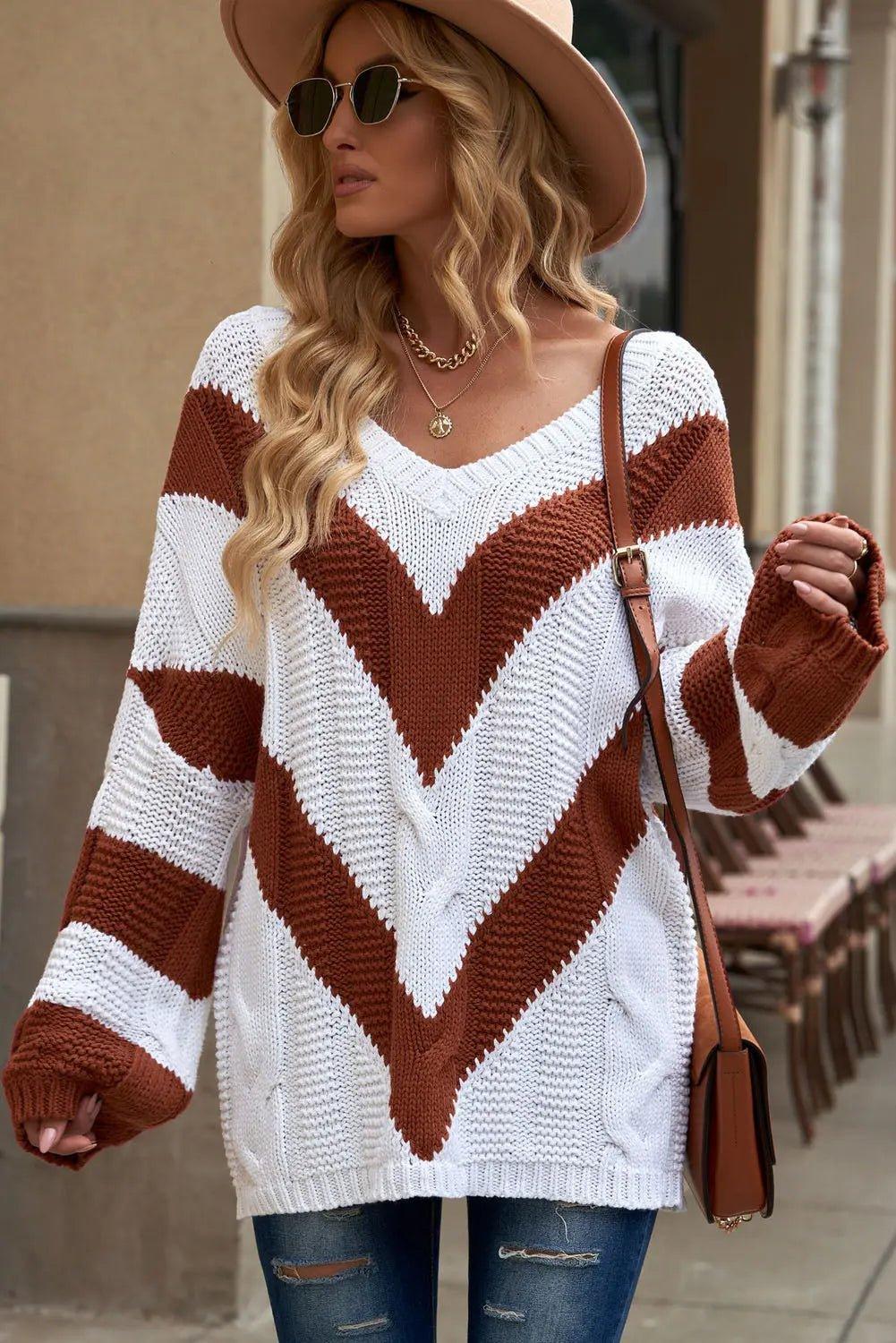 Womens Sweater-Chevron Cable-Knit V-Neck Tunic Sweater | Coat & Jacket & Cardigan