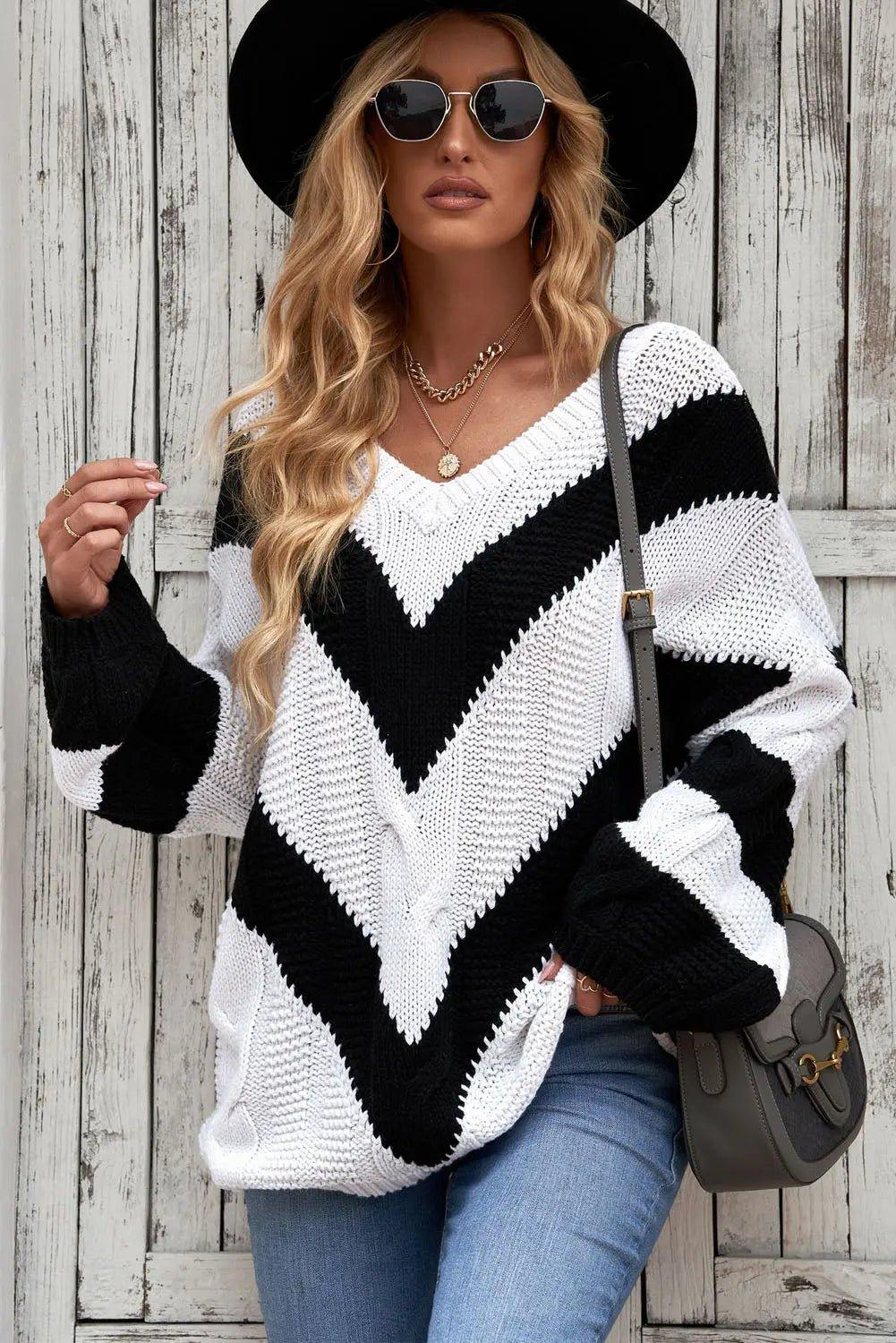 Womens Sweater-Chevron Cable-Knit V-Neck Tunic Sweater | Coat & Jacket & Cardigan