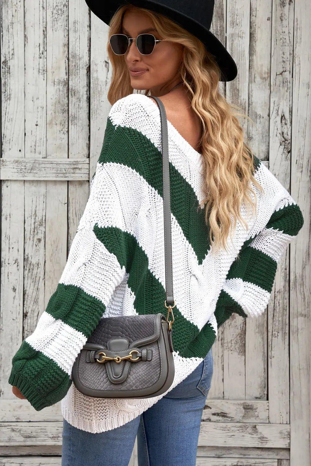 Womens Sweater-Chevron Cable-Knit V-Neck Tunic Sweater | Coat & Jacket & Cardigan