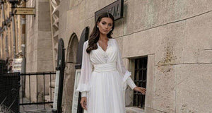 Chiffon Long Sleeve Lace Beach Wedding Gown | V Neckline Broke Girl Philanthropy