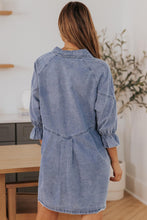 Load image into Gallery viewer, Womens Mini Dress-Collared Neck Flounce Sleeve Denim Mini Dress | Dress
