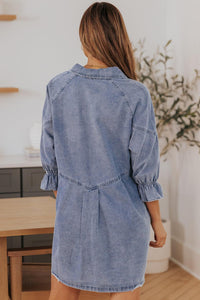 Womens Mini Dress-Collared Neck Flounce Sleeve Denim Mini Dress | Dress