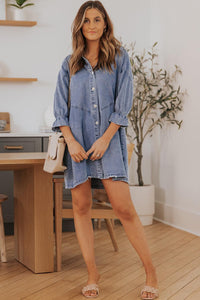 Womens Mini Dress-Collared Neck Flounce Sleeve Denim Mini Dress | Dress