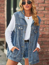 Load image into Gallery viewer, Womens Top-Collared Neck Sleeveless Denim Top with Pockets
