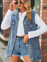 Load image into Gallery viewer, Womens Top-Collared Neck Sleeveless Denim Top with Pockets
