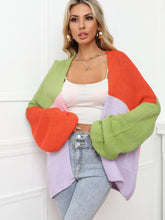 Load image into Gallery viewer, Womens Sweater-Color Block Open Front Balloon Sleeve Longline Cardigan
