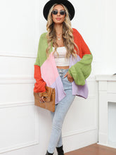 Load image into Gallery viewer, Womens Sweater-Color Block Open Front Balloon Sleeve Longline Cardigan
