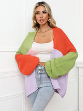 Load image into Gallery viewer, Womens Sweater-Color Block Open Front Balloon Sleeve Longline Cardigan
