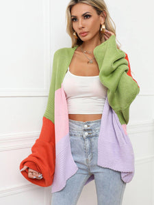 Womens Sweater-Color Block Open Front Balloon Sleeve Longline Cardigan