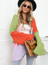 Load image into Gallery viewer, Womens Sweater-Color Block Open Front Balloon Sleeve Longline Cardigan
