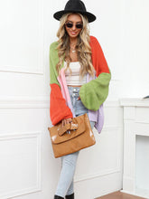 Load image into Gallery viewer, Womens Sweater-Color Block Open Front Balloon Sleeve Longline Cardigan
