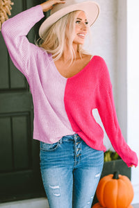 Womens Sweater-Contrast Color V-Neck Long Sleeve Pullover Sweater | Top