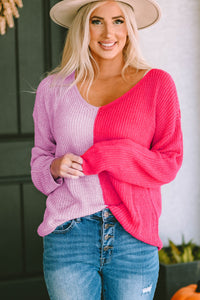 Womens Sweater-Contrast Color V-Neck Long Sleeve Pullover Sweater | Top