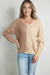 Womens Sweater-Contrast Color V-Neck Long Sleeve Pullover Sweater | Top