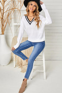 Womens Top-V Neck Drop Shoulder Knit Pullover | Tops