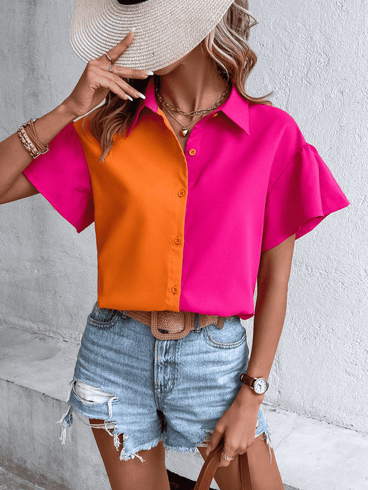 Womens Blouse-Contrast Short Sleeve Shirt | Tops/Blouses & Shirts